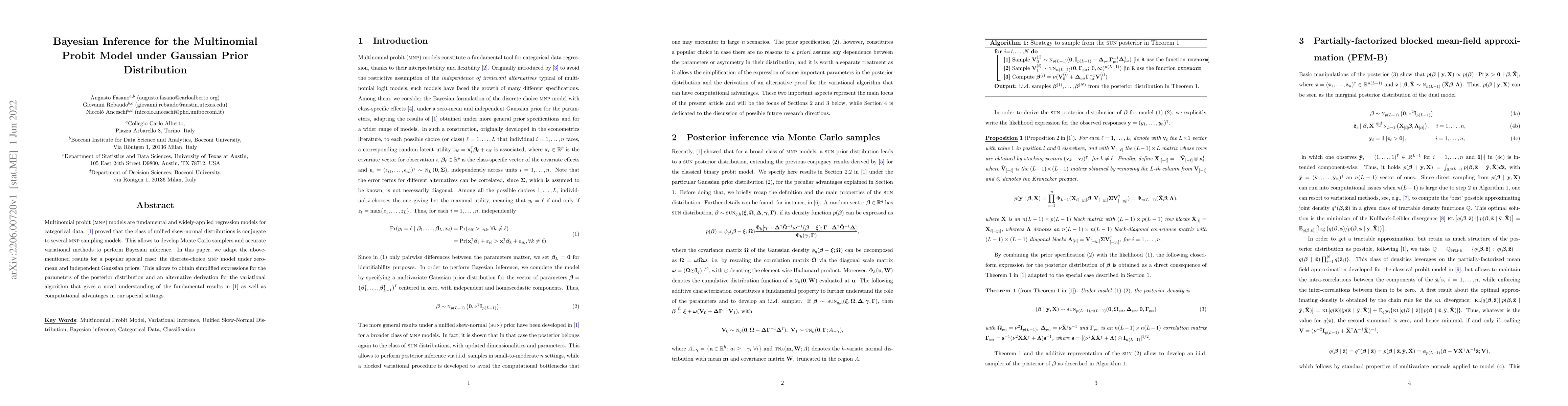 Thumbnail for Bayesian Inference for the Multinomial Probit Model under Gaussian Prior
  Distribution