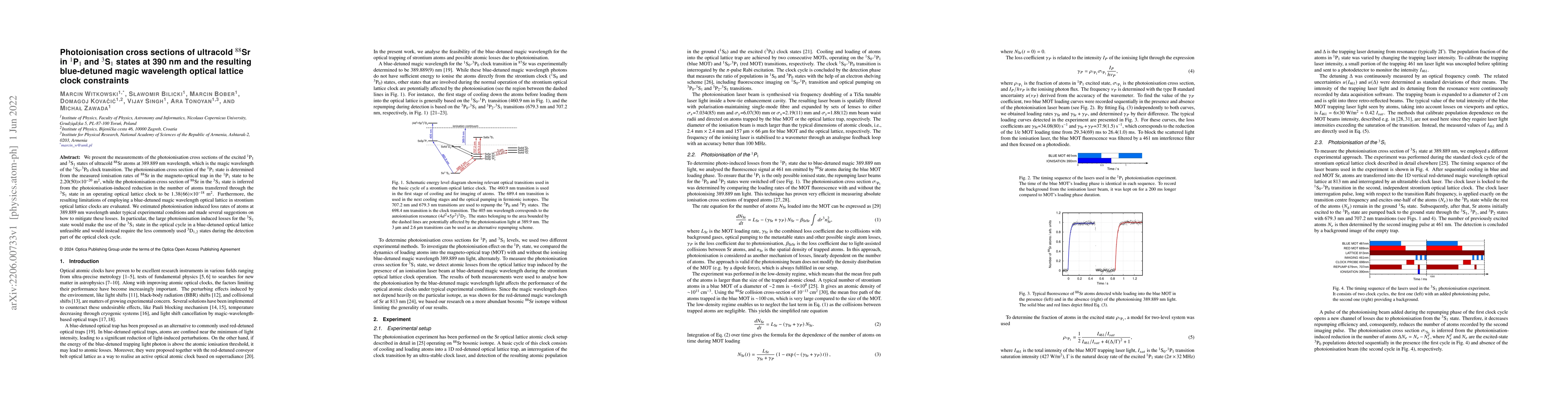 Thumbnail for Photoionization cross sections of ultracold $^{88}$Sr in $^1$P$_1$ and
  $^3$S$_1$ states at 390 nm and the resulting blue-detuned magic wavelength
  optical lattice clock constraints