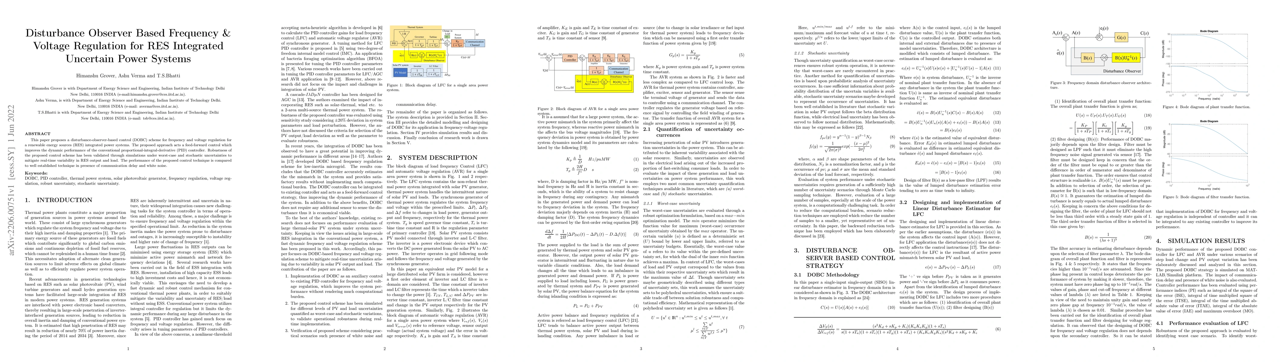 Thumbnail for Disturbance Observer Based Frequency & Voltage Regulation for RES
  Integrated Uncertain Power Systems