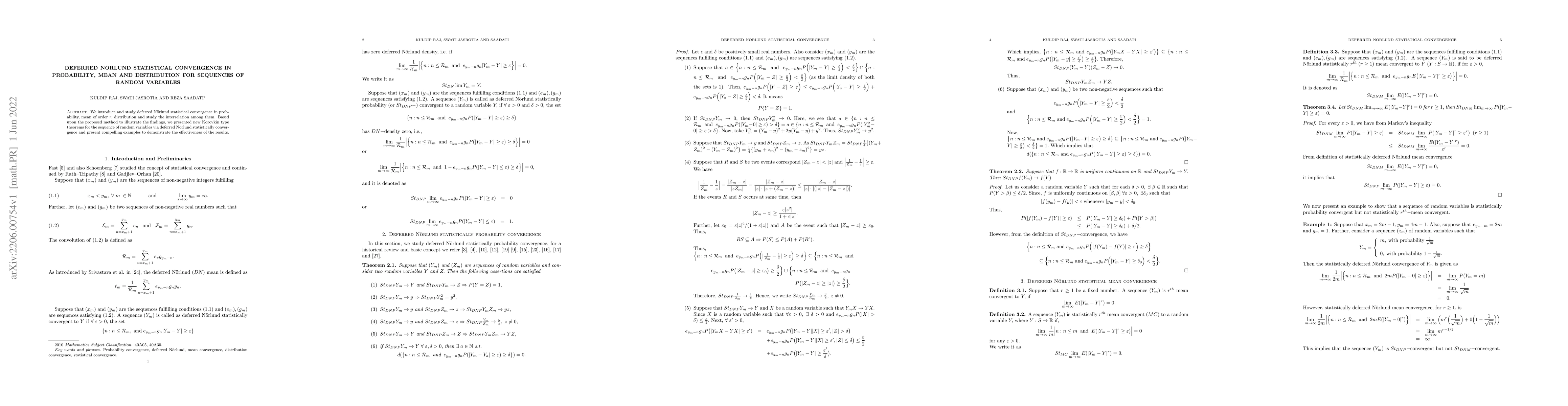 Thumbnail for Deferred Norlund statistical convergence in probability, mean and
  distribution for sequences of random variables