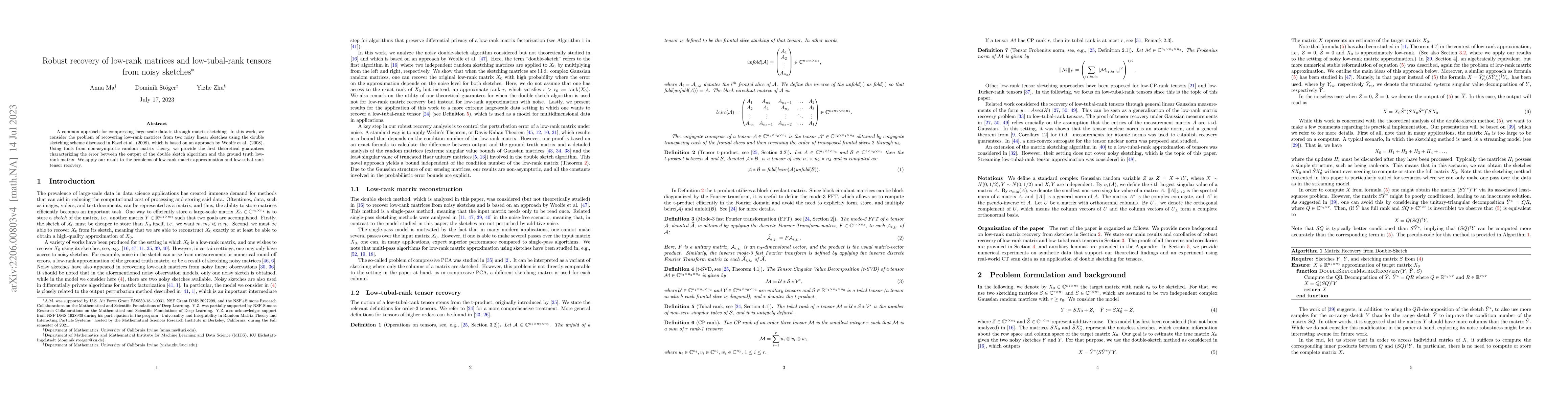 Thumbnail for Robust recovery of low-rank matrices and low-tubal-rank tensors from
  noisy sketches