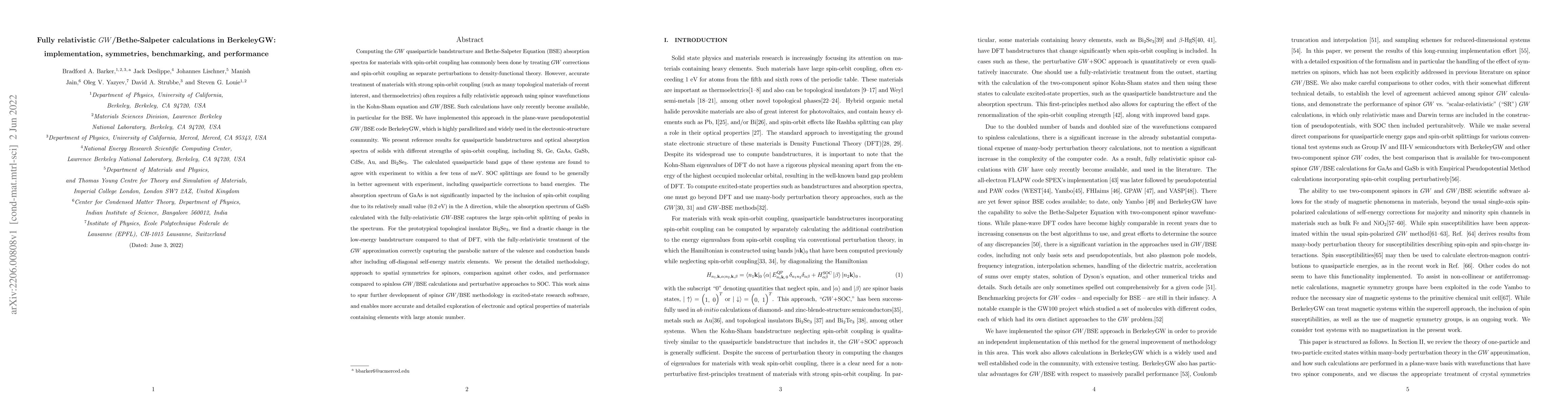 Thumbnail for Fully relativistic $GW$/Bethe-Salpeter calculations in BerkeleyGW:
  implementation, symmetries, benchmarking, and performance