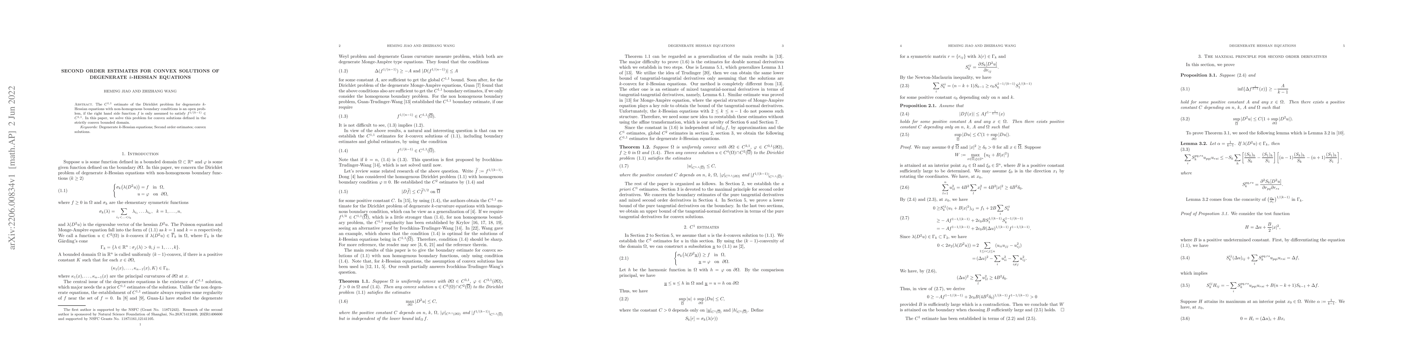 Thumbnail for Second order estimates for convex solutions of degenerate $k$-Hessian
  equations
