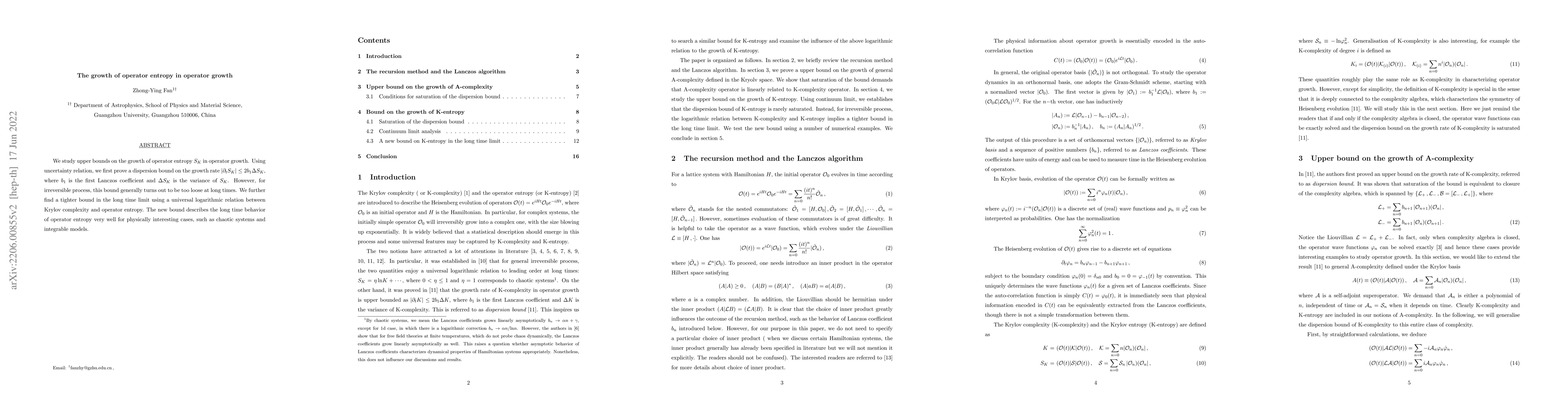 Thumbnail for The growth of operator entropy in operator growth