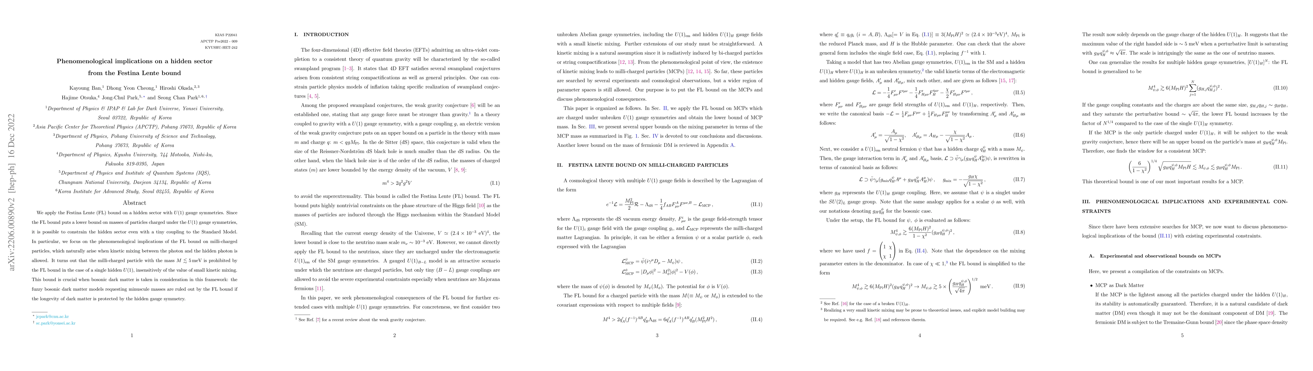 Thumbnail for Phenomenological implications on a hidden sector from the Festina Lente
  bound