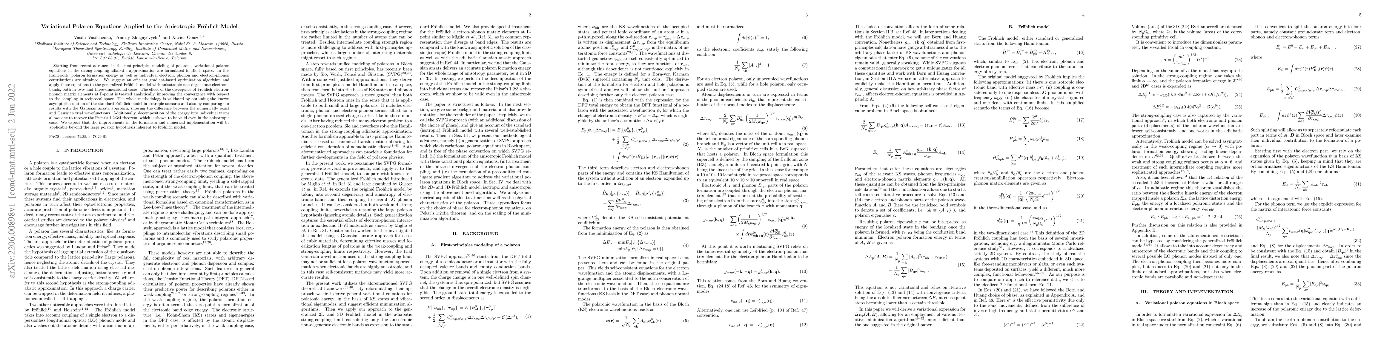 Thumbnail for Variational Polaron Equations Applied to the Anisotropic Fr\"ohlich
  Model