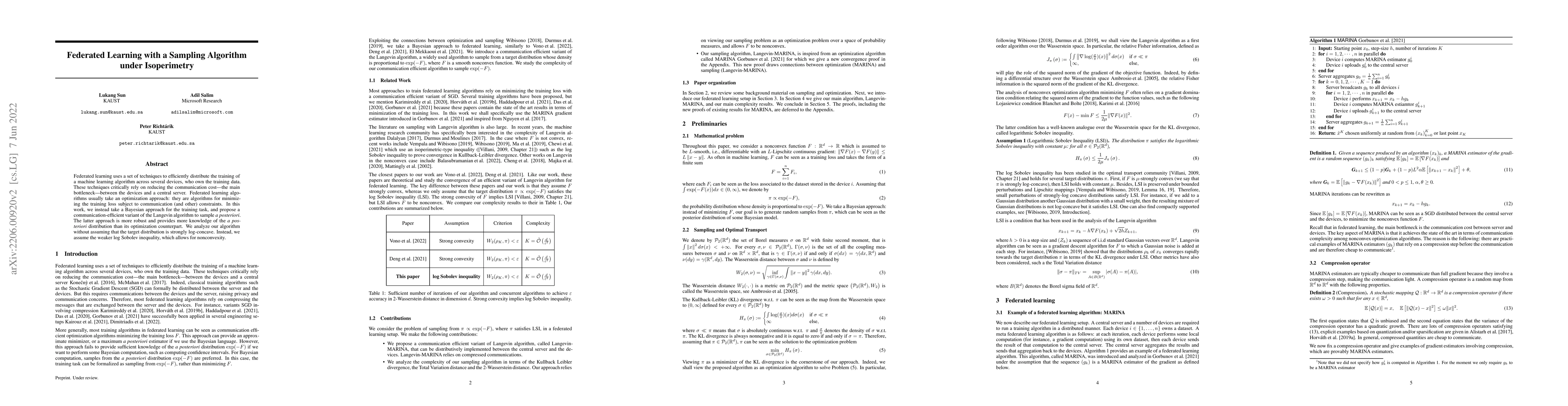 Thumbnail for Federated Learning with a Sampling Algorithm under Isoperimetry