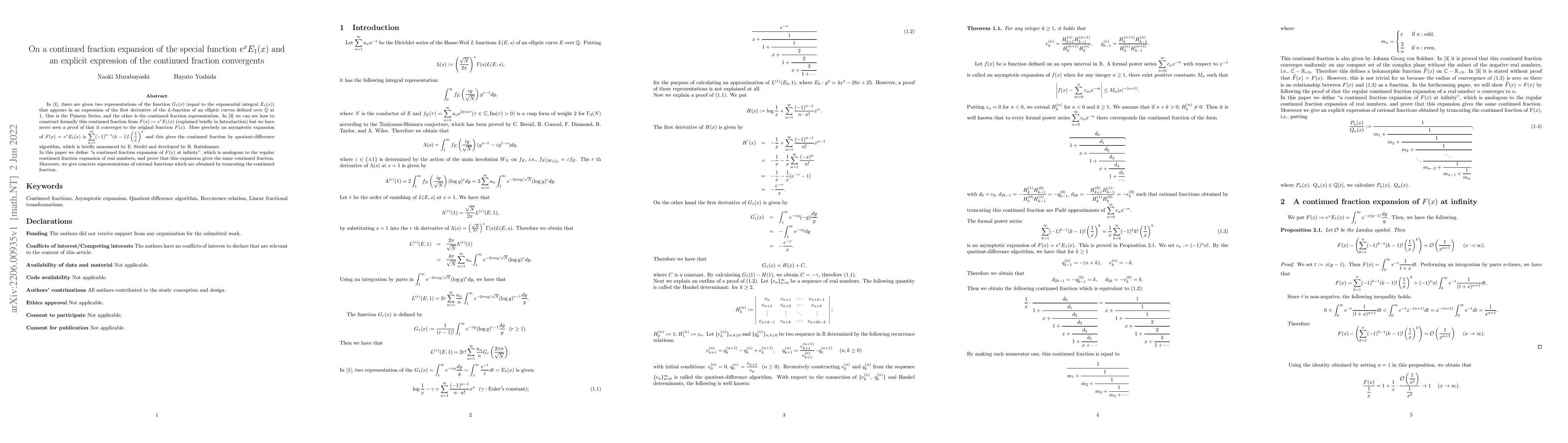Thumbnail for On a continued fraction expansion of the special function and an
  explicit expression of the continued fraction convergents