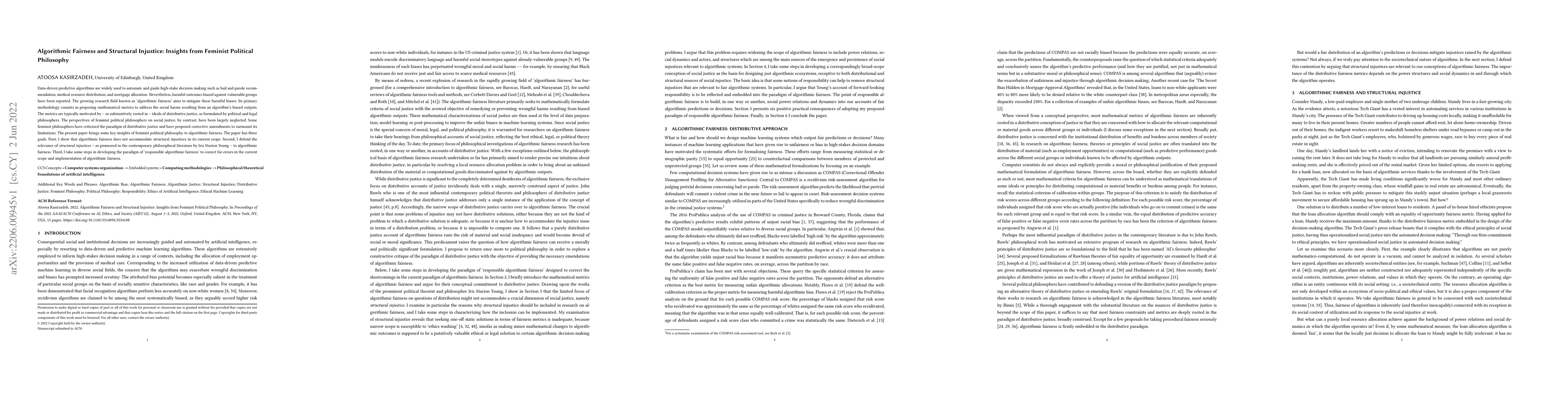 Thumbnail for Algorithmic Fairness and Structural Injustice: Insights from Feminist
  Political Philosophy