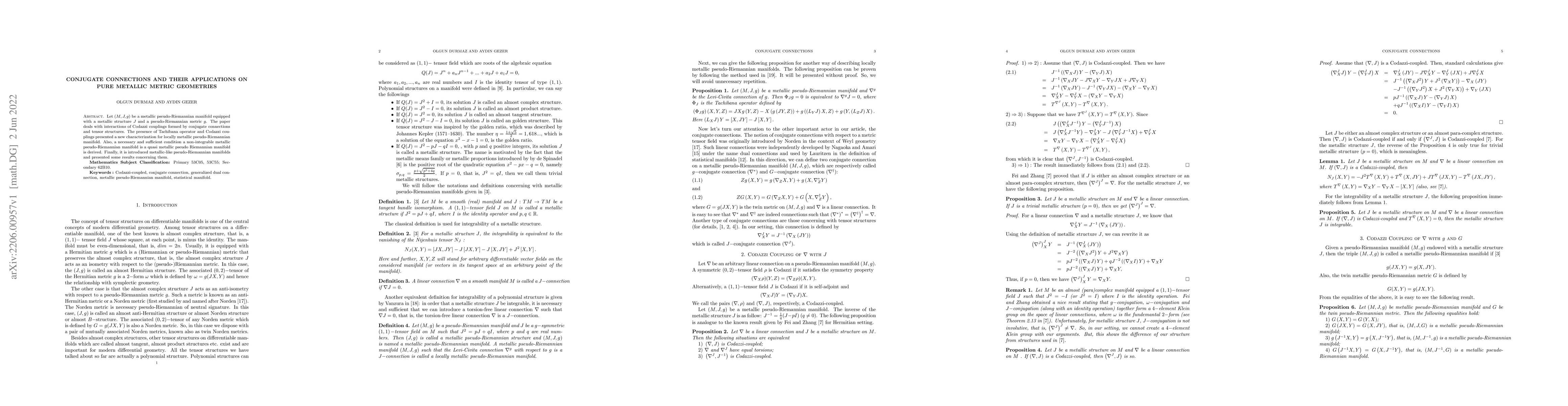 Thumbnail for Conjugate Connections and their Applications on Pure Metallic Metric
  Geometries