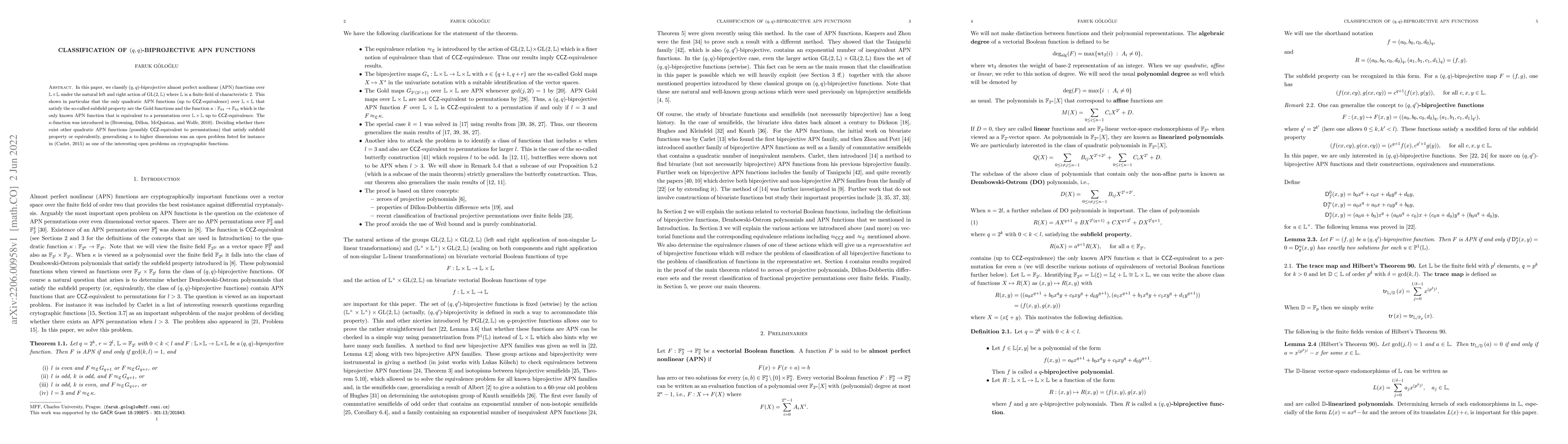 Thumbnail for Classification of $(q,q)$-biprojective APN functions