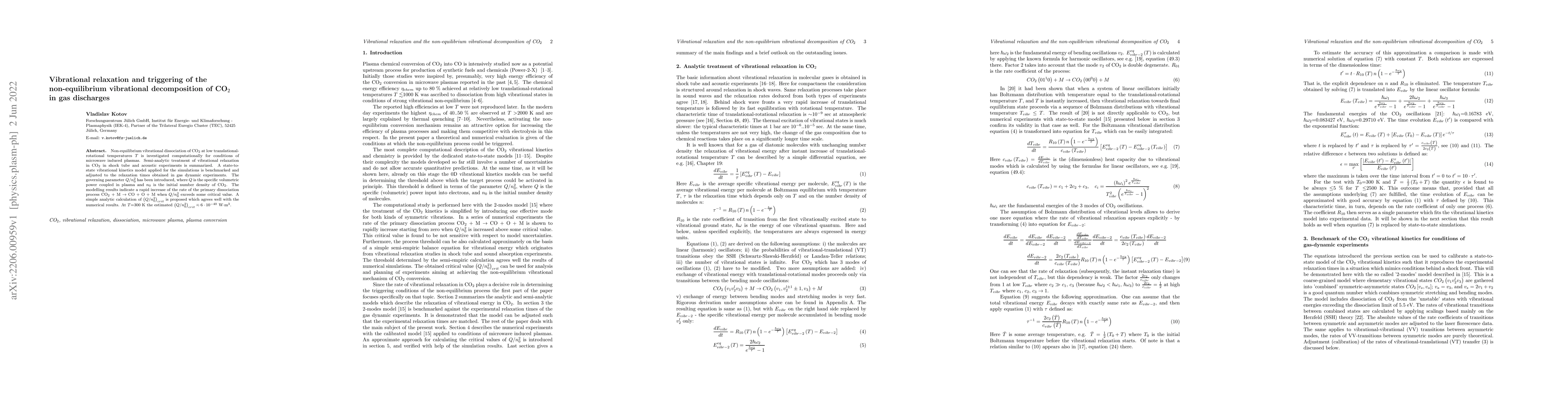 Thumbnail for Vibrational relaxation and triggering of the non-equilibrium vibrational
  decomposition of CO$_2$ in gas discharges
