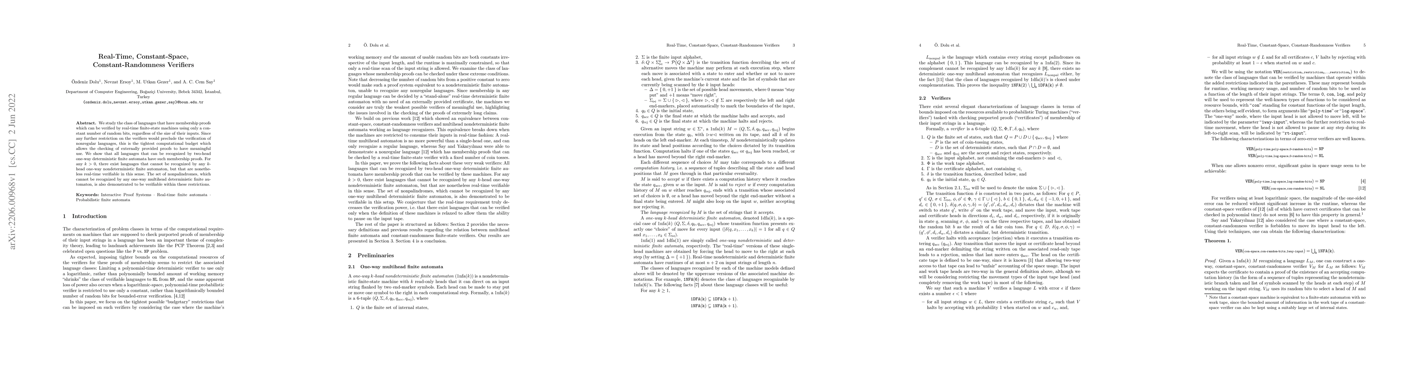 Thumbnail for Real-Time, Constant-Space, Constant-Randomness Verifiers