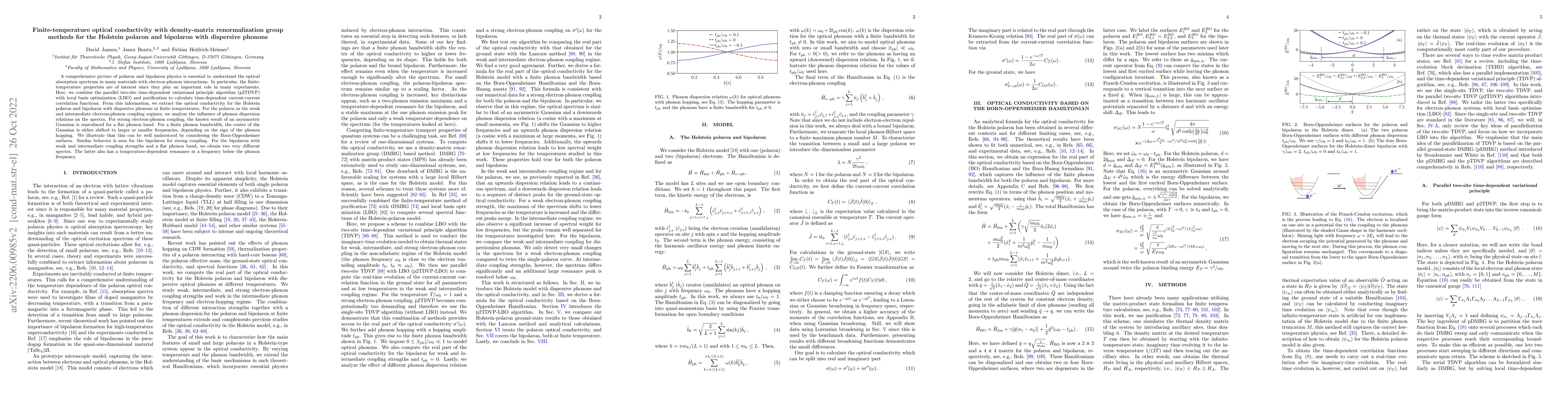 Thumbnail for Finite-temperature optical conductivity with density-matrix
  renormalization group methods for the Holstein polaron and bipolaron with
  dispersive phonons