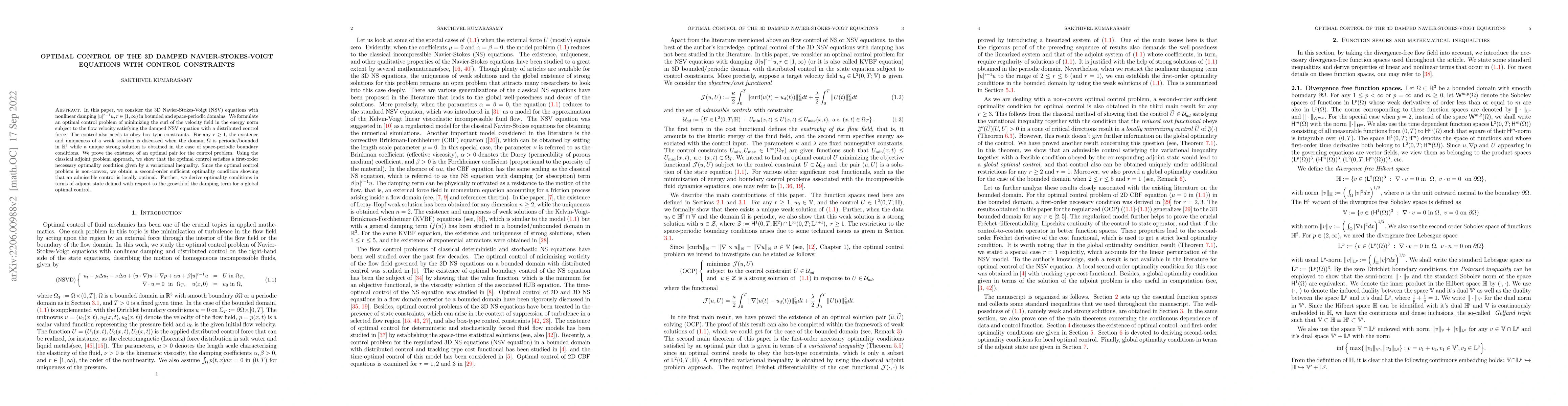 Thumbnail for Optimal Control of the 3D Damped Navier-Stokes-Voigt Equations with
  Control Constraints