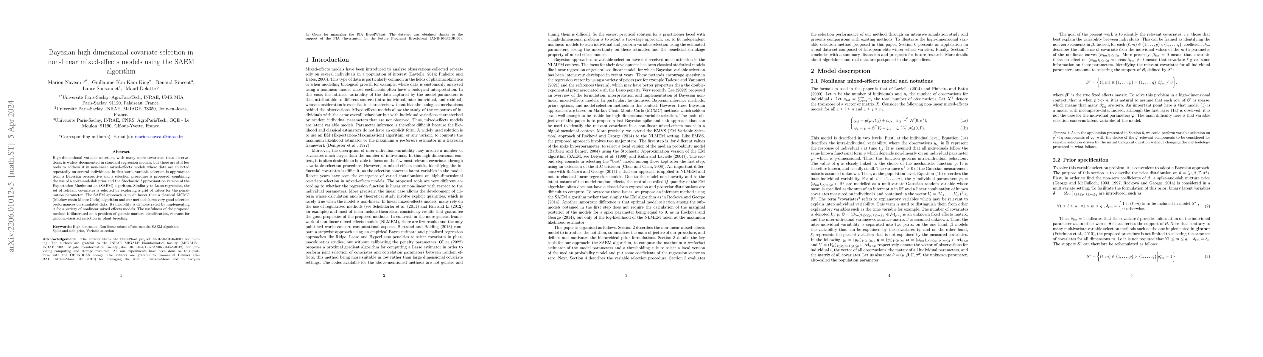 Thumbnail for Bayesian high-dimensional covariate selection in non-linear
  mixed-effects models using the SAEM algorithm