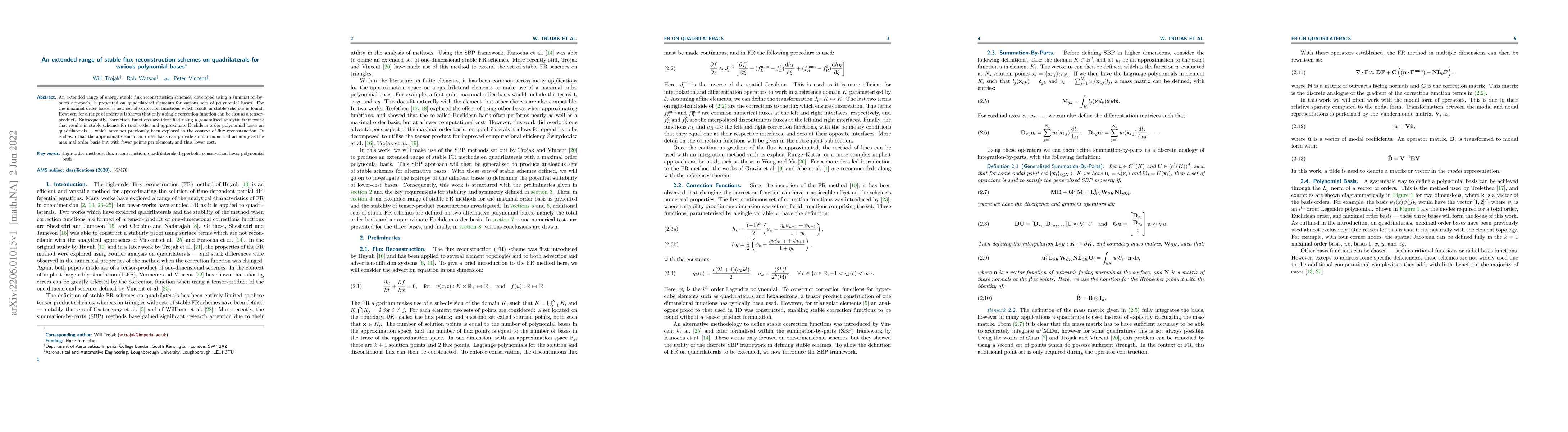 Thumbnail for An extended range of stable flux reconstruction schemes on
  quadrilaterals for various polynomial bases