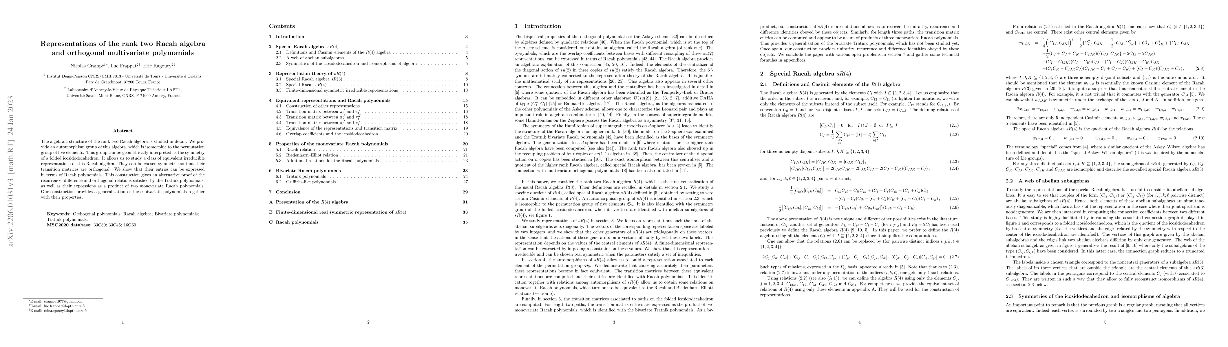 Thumbnail for Representations of the rank two Racah algebra and orthogonal
  multivariate polynomials