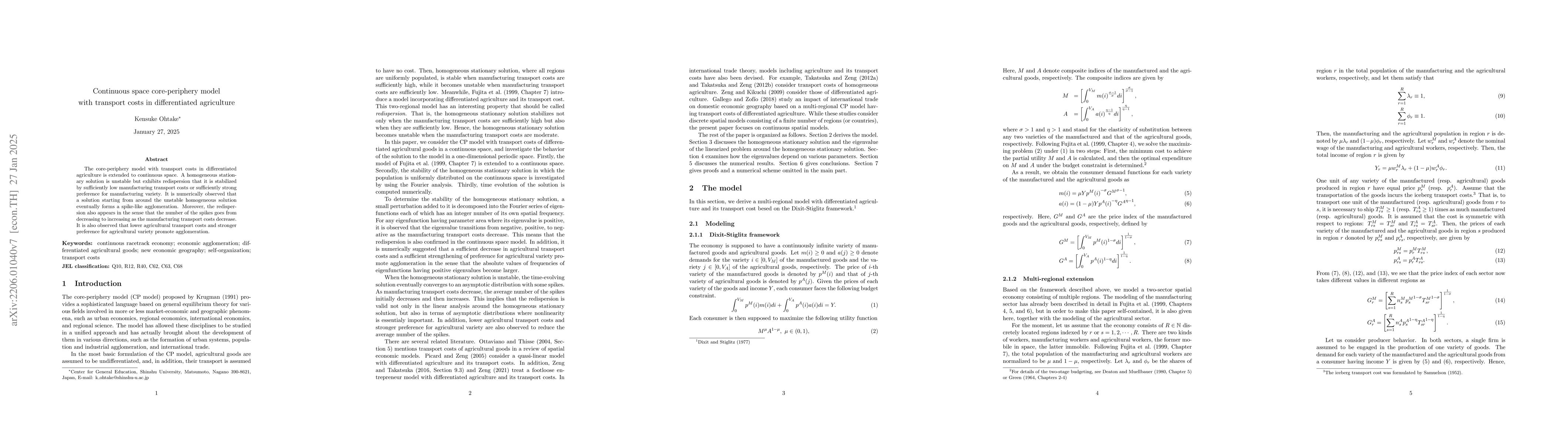 Thumbnail for Continuous space core-periphery model with transport costs in
  differentiated agriculture