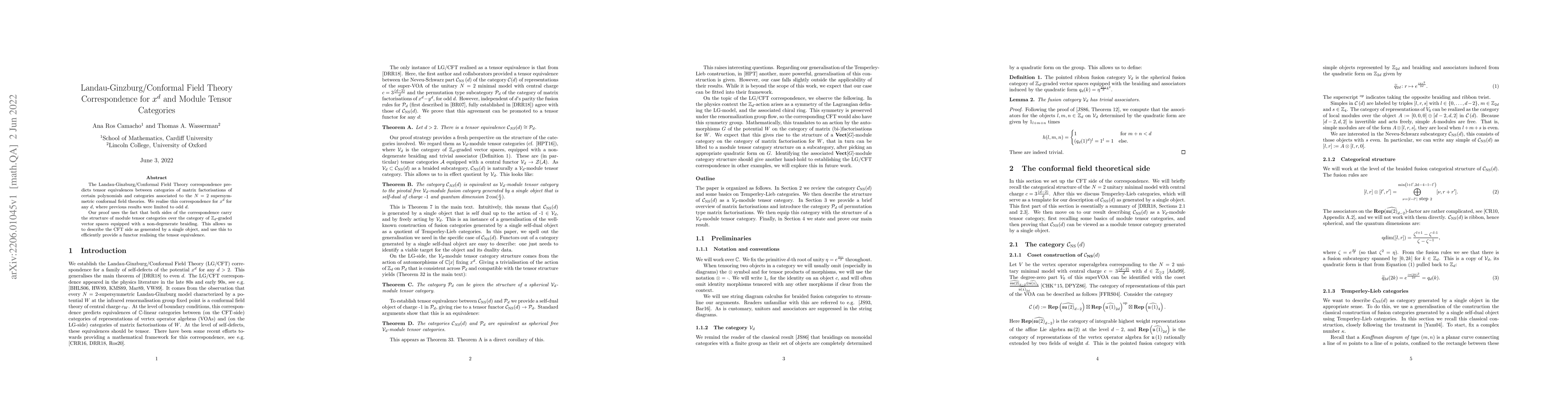 Thumbnail for Landau-Ginzburg/Conformal Field Theory Correspondence for $x^d$ and
  Module Tensor Categories