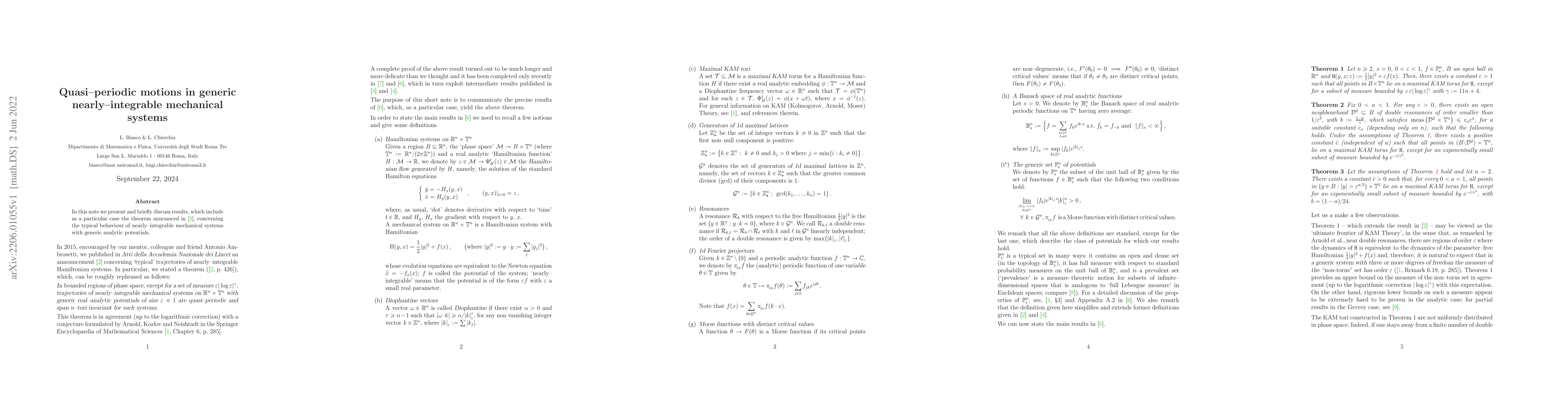 Thumbnail for Quasi-periodic motions in generic nearly-integrable mechanical systems