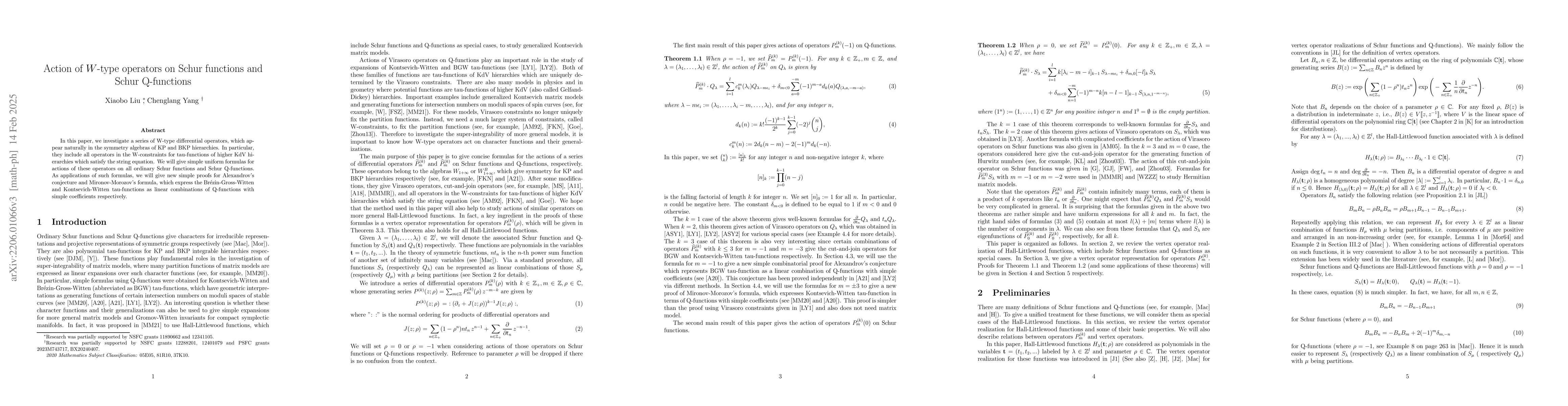 Thumbnail for Action of $W$-type operators on Schur functions and Schur Q-functions