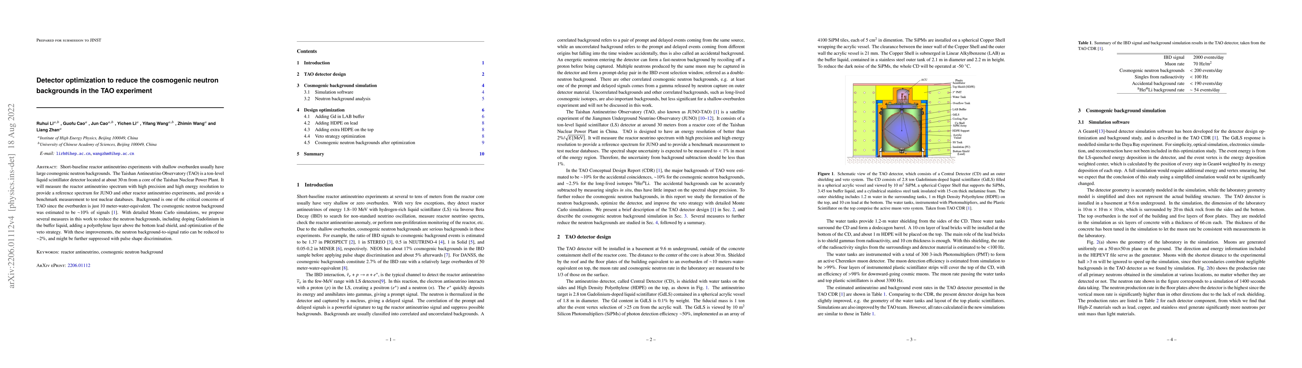 Thumbnail for Detector optimization to reduce the cosmogenic neutron backgrounds in
  the TAO experiment