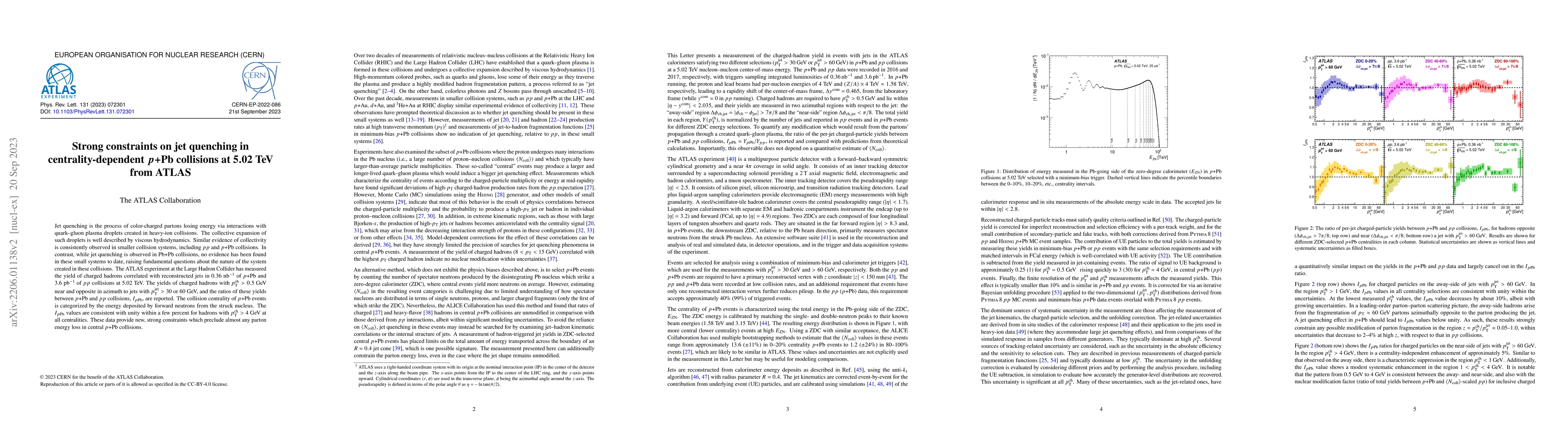 Thumbnail for Strong constraints on jet quenching in centrality-dependent $p$+Pb
  collisions at 5.02 TeV from ATLAS