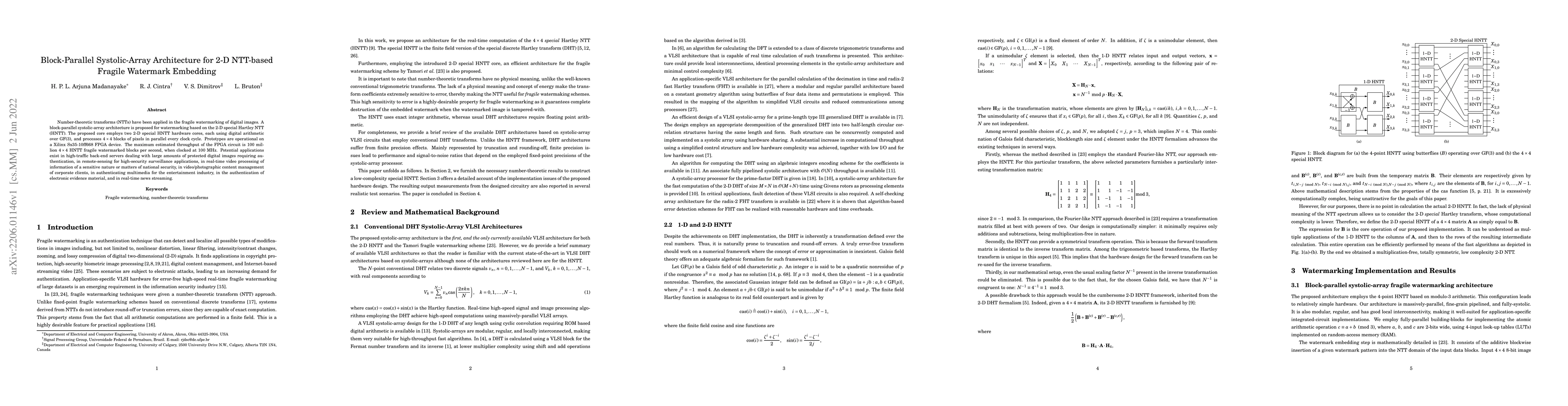 Thumbnail for Block-Parallel Systolic-Array Architecture for 2-D NTT-based Fragile
  Watermark Embedding
