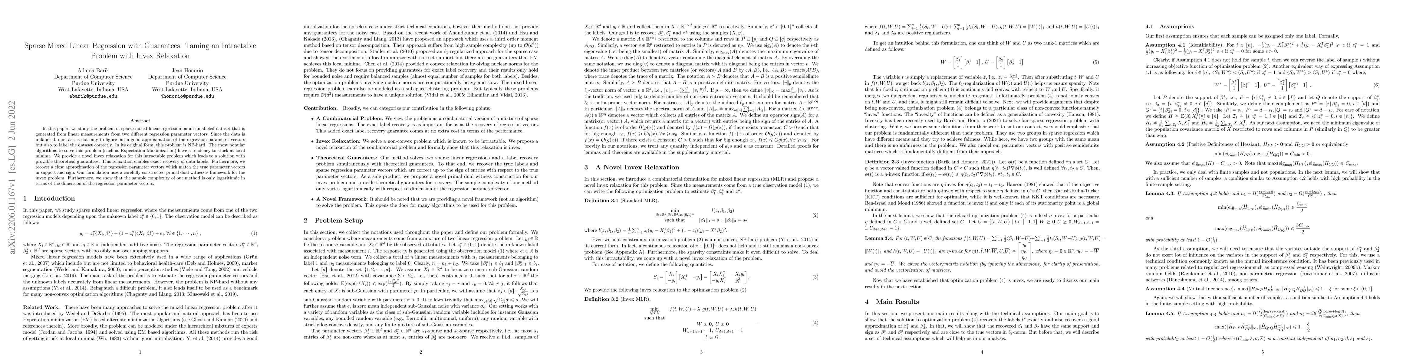 Thumbnail for Sparse Mixed Linear Regression with Guarantees: Taming an Intractable
  Problem with Invex Relaxation