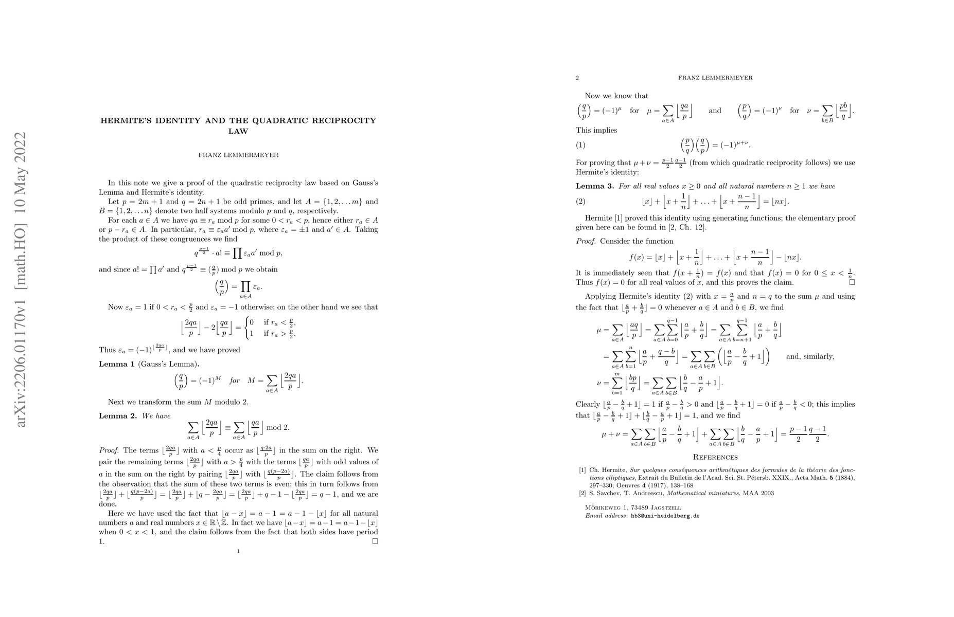 Thumbnail for Hermite's identity and the quadratic reciprocity law