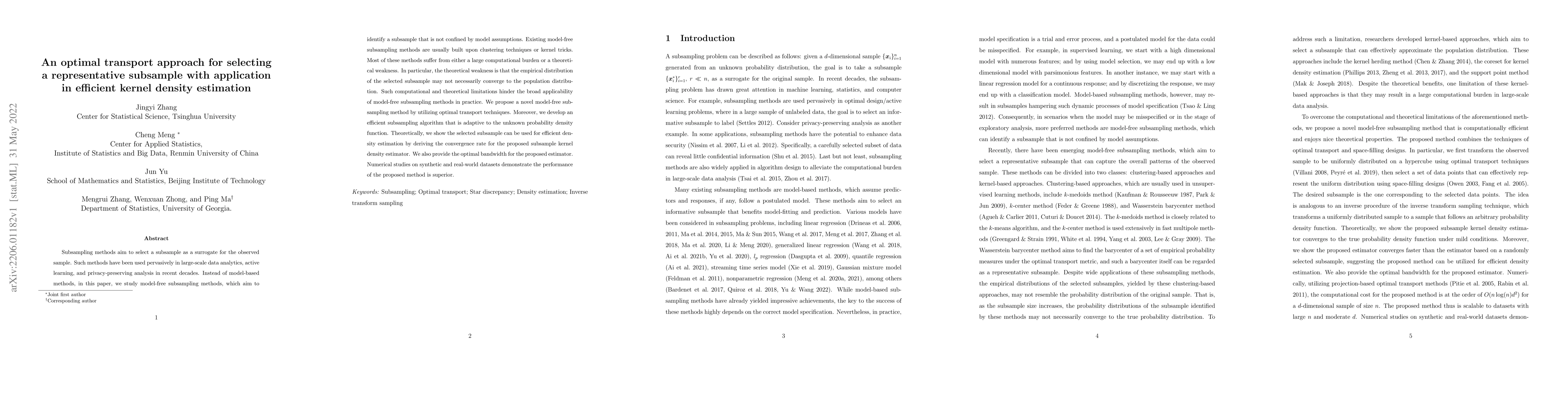 Thumbnail for An optimal transport approach for selecting a representative subsample
  with application in efficient kernel density estimation