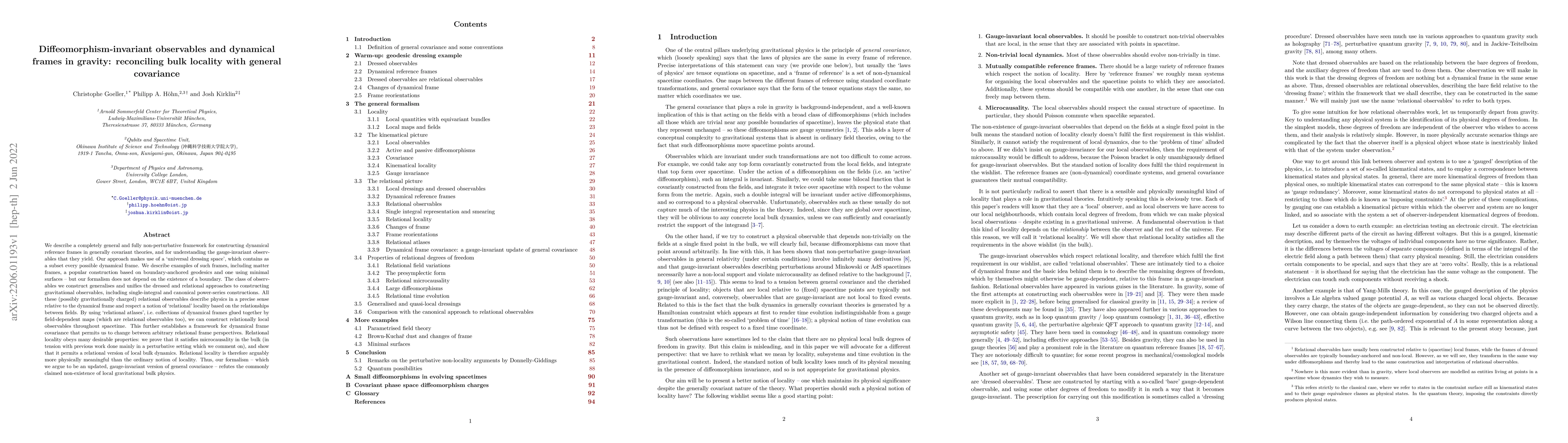 Thumbnail for Diffeomorphism-invariant observables and dynamical frames in gravity:
  reconciling bulk locality with general covariance