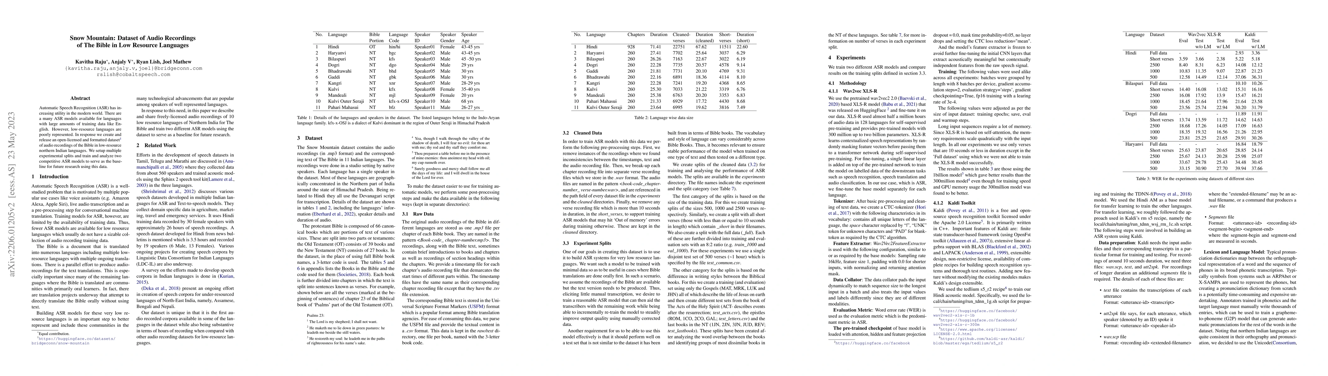 Thumbnail for Snow Mountain: Dataset of Audio Recordings of The Bible in Low Resource
  Languages