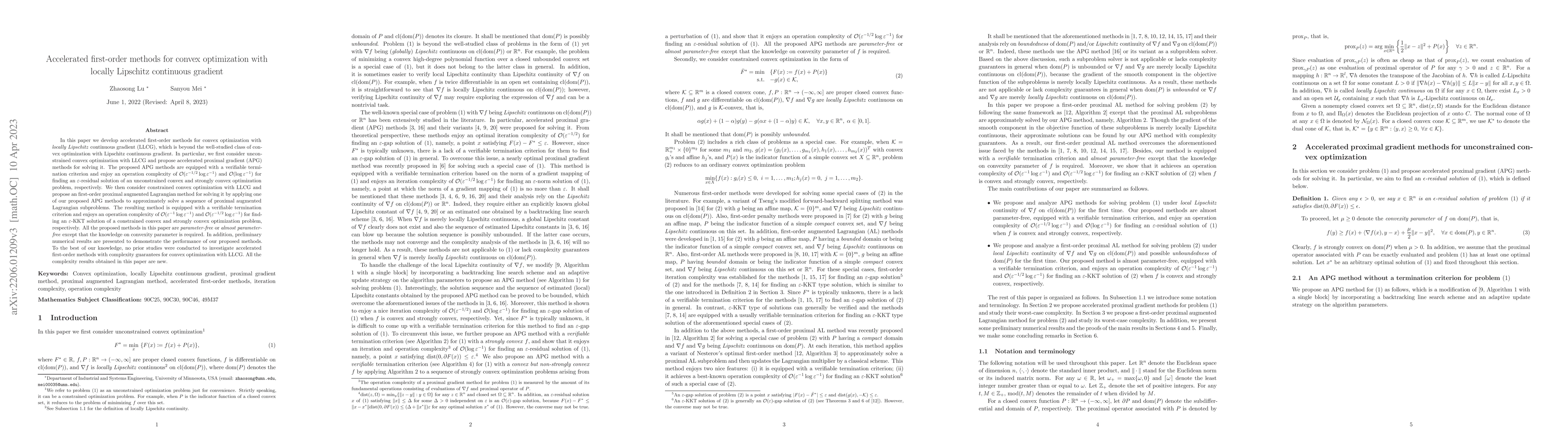 Thumbnail for Accelerated first-order methods for convex optimization with locally
  Lipschitz continuous gradient
