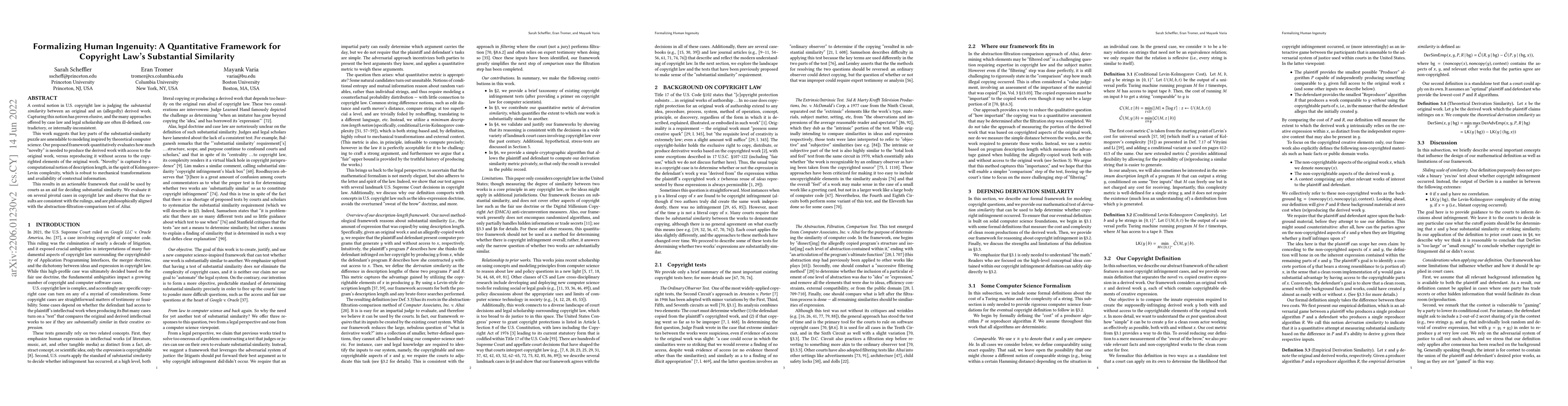 Thumbnail for Formalizing Human Ingenuity: A Quantitative Framework for Copyright
  Law's Substantial Similarity