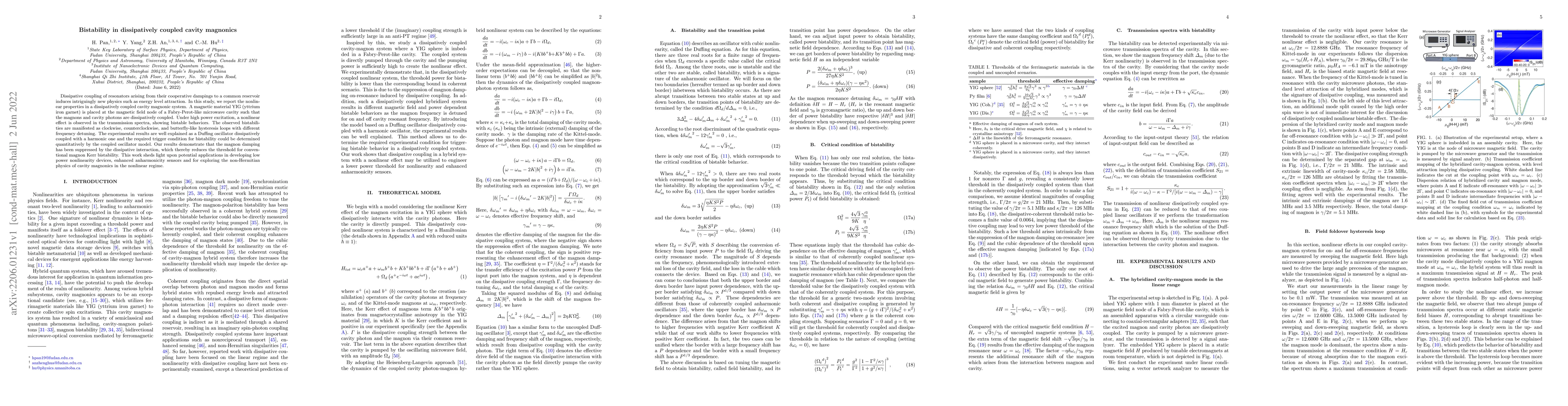 Thumbnail for Bistability in dissipatively coupled cavity magnonics