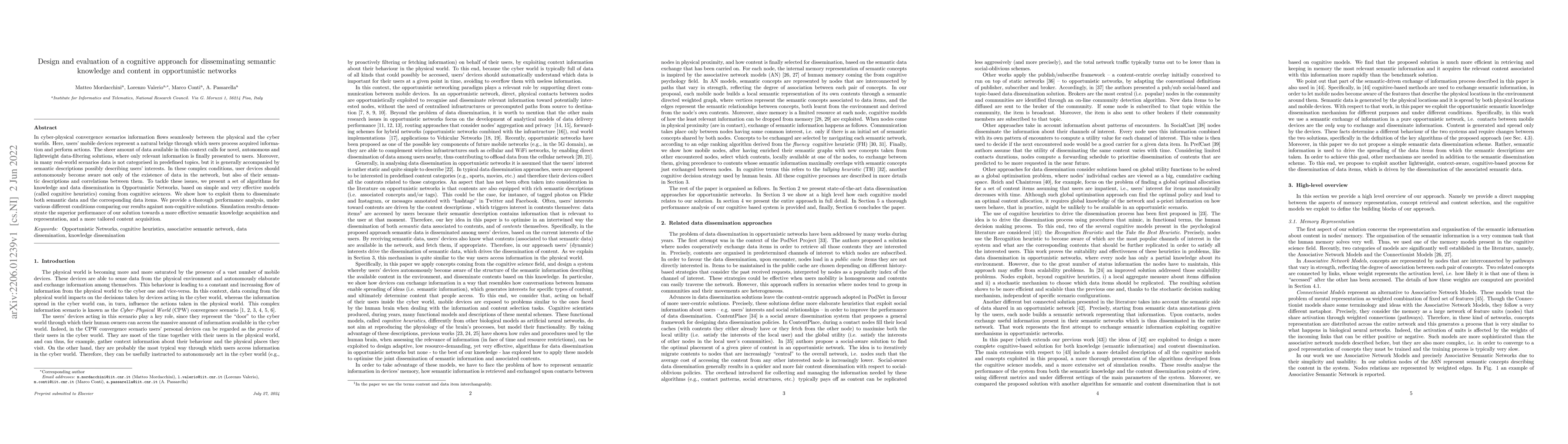 Thumbnail for Design and evaluation of a cognitive approach for disseminating semantic
  knowledge and content in opportunistic networks