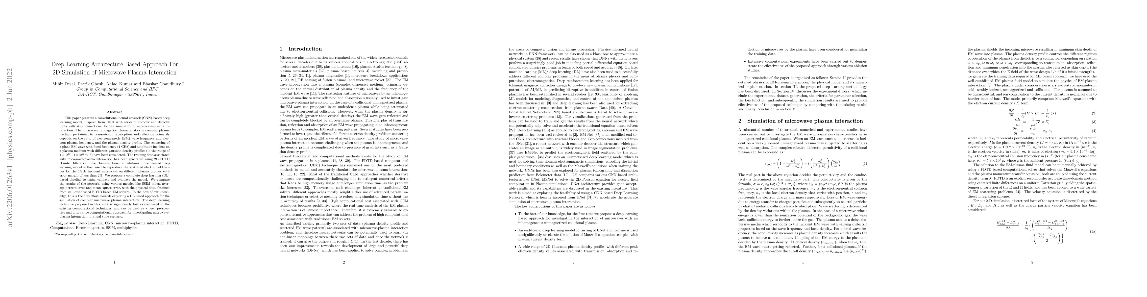 Thumbnail for Deep Learning Architecture Based Approach For 2D-Simulation of Microwave
  Plasma Interaction