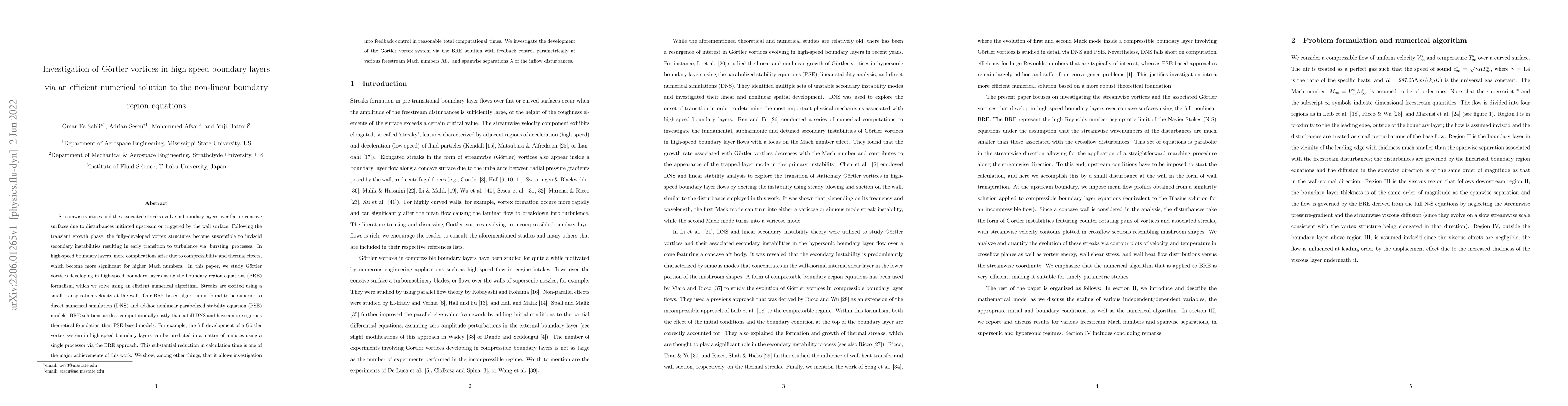 Thumbnail for Investigation of G\"{o}rtler vortices in high-speed boundary layers via
  an efficient numerical solution to the non-linear boundary region equations