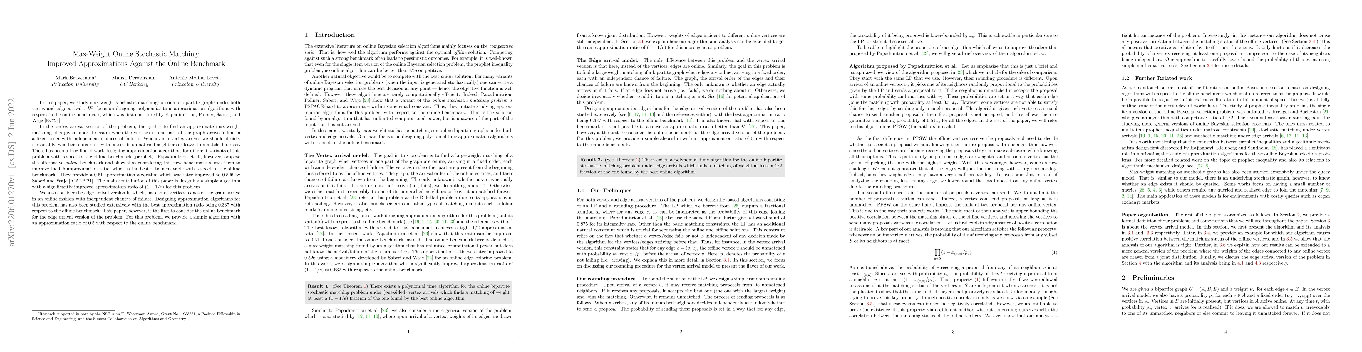 Thumbnail for Max-Weight Online Stochastic Matching: Improved Approximations Against
  the Online Benchmark