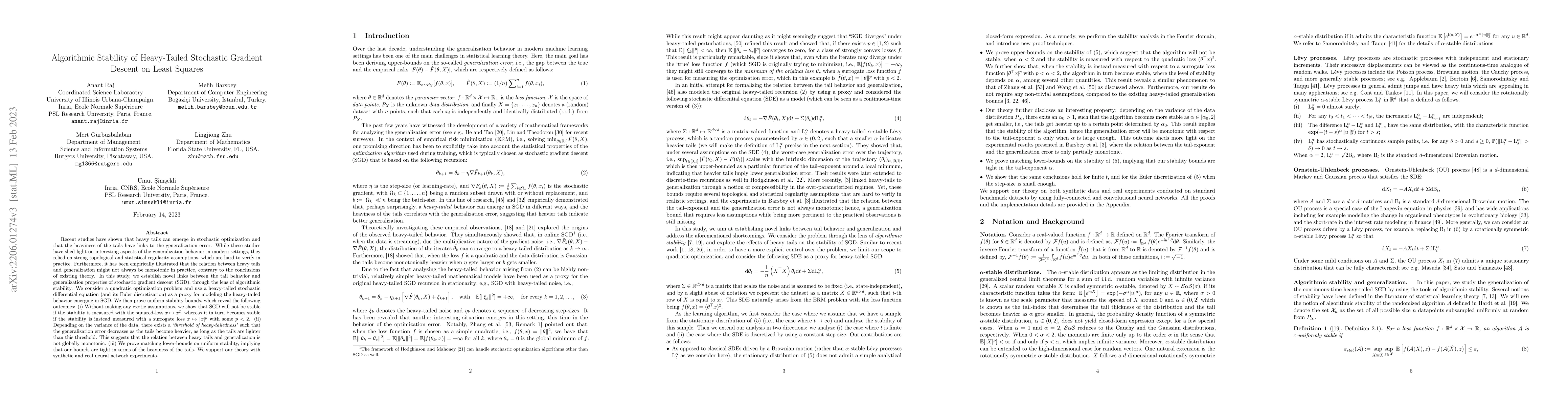 Thumbnail for Algorithmic Stability of Heavy-Tailed Stochastic Gradient Descent on
  Least Squares