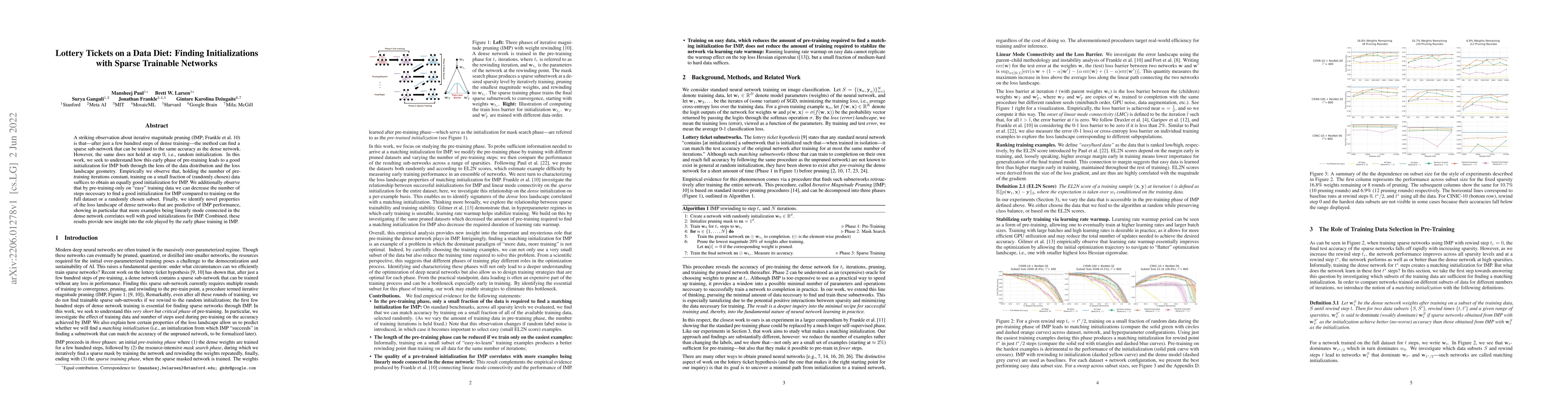 Thumbnail for Lottery Tickets on a Data Diet: Finding Initializations with Sparse
  Trainable Networks