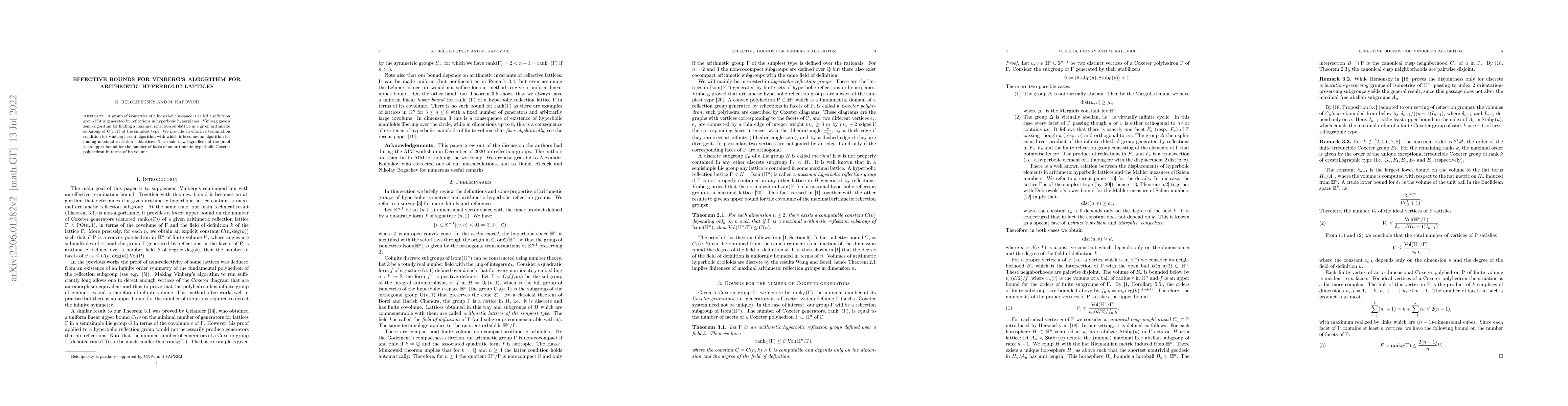 Thumbnail for Effective bounds for Vinberg's algorithm for arithmetic hyperbolic
  lattices