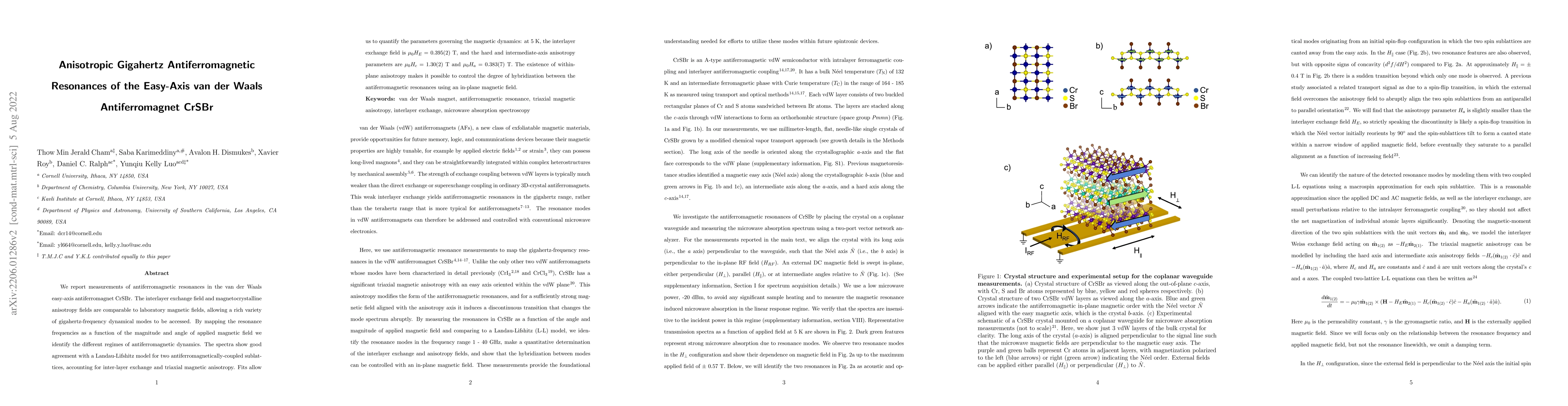Thumbnail for Anisotropic Gigahertz Antiferromagnetic Resonances of the Easy-Axis van
  der Waals Antiferromagnet CrSBr