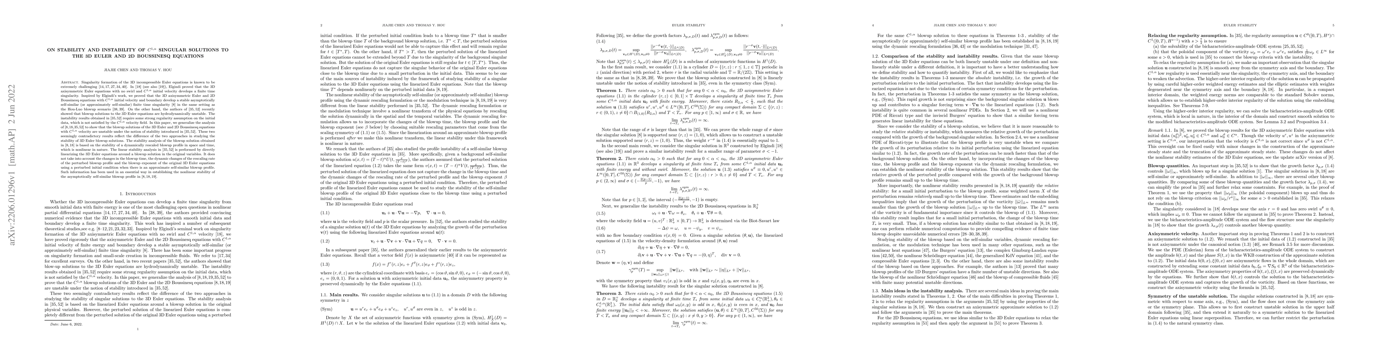 Thumbnail for On stability and instability of $C^{1,\alpha}$ singular solutions to the
  3D Euler and 2D Boussinesq equations