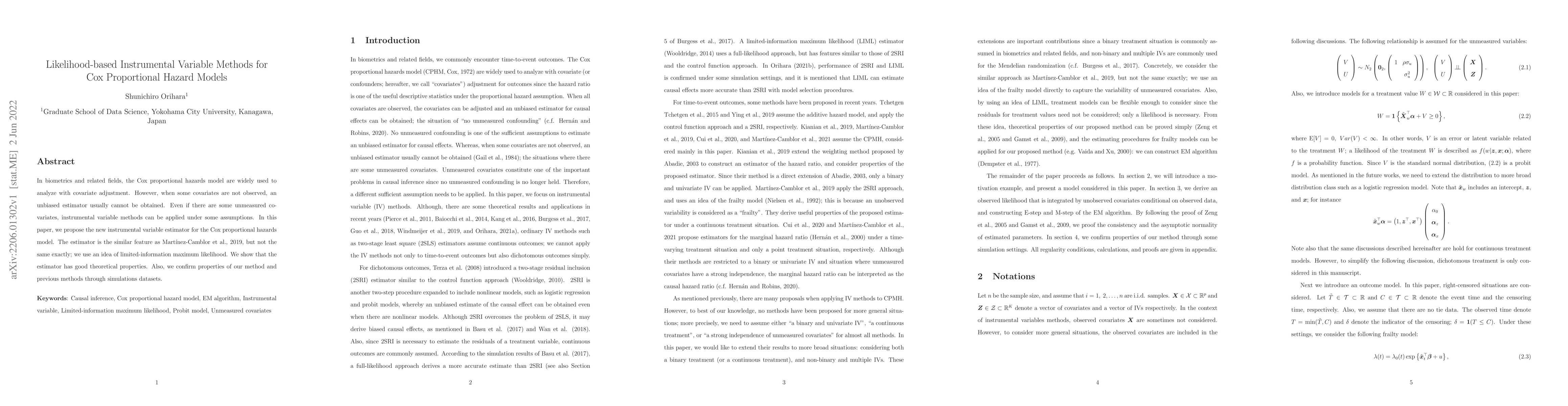 Thumbnail for Likelihood-based Instrumental Variable Methods for Cox Proportional
  Hazard Models