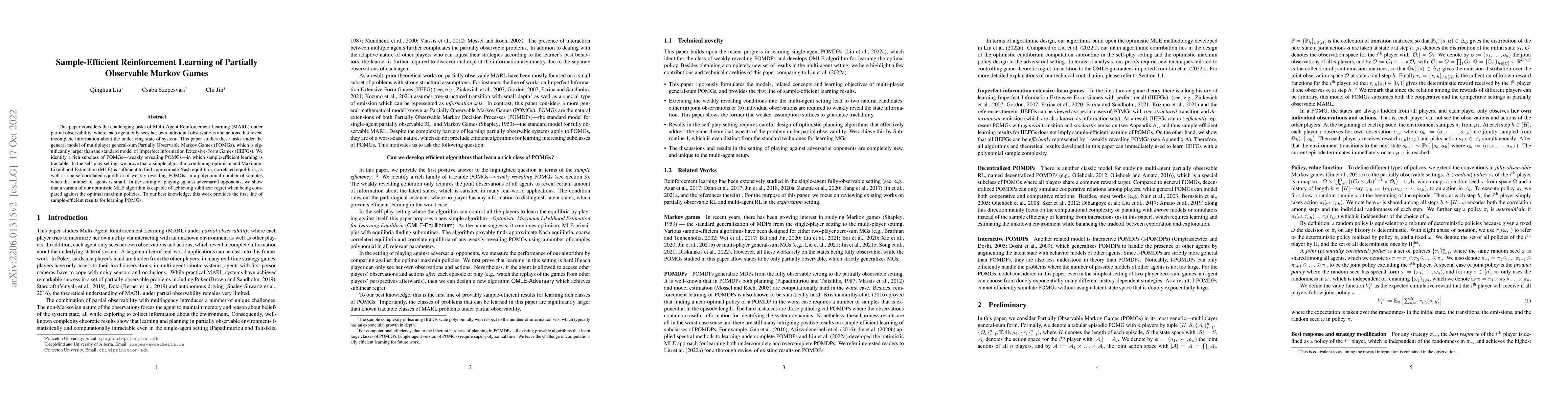 Thumbnail for Sample-Efficient Reinforcement Learning of Partially Observable Markov
  Games