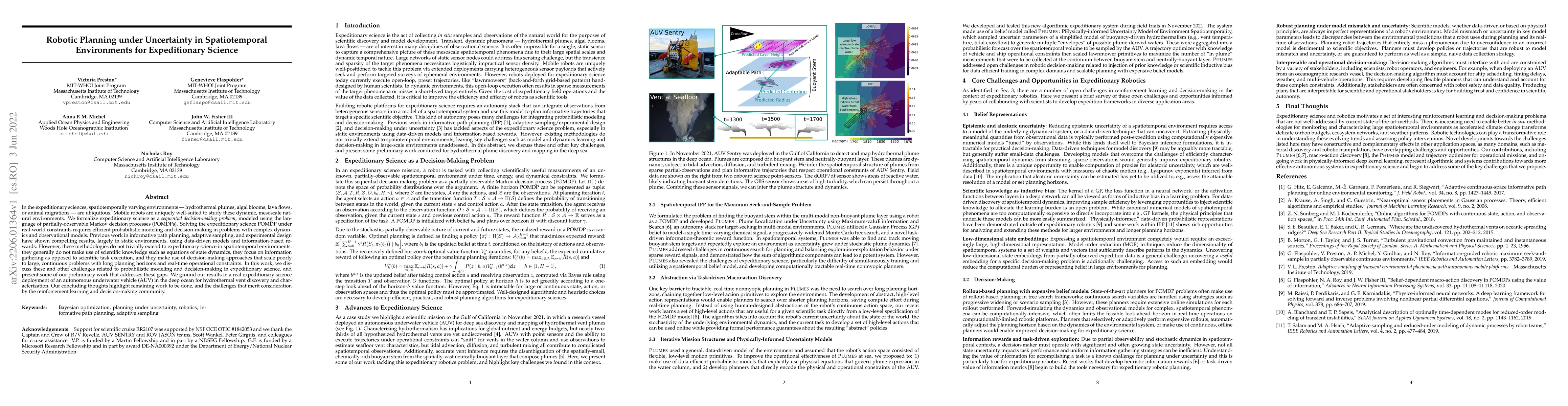 Thumbnail for Robotic Planning under Uncertainty in Spatiotemporal Environments in
  Expeditionary Science