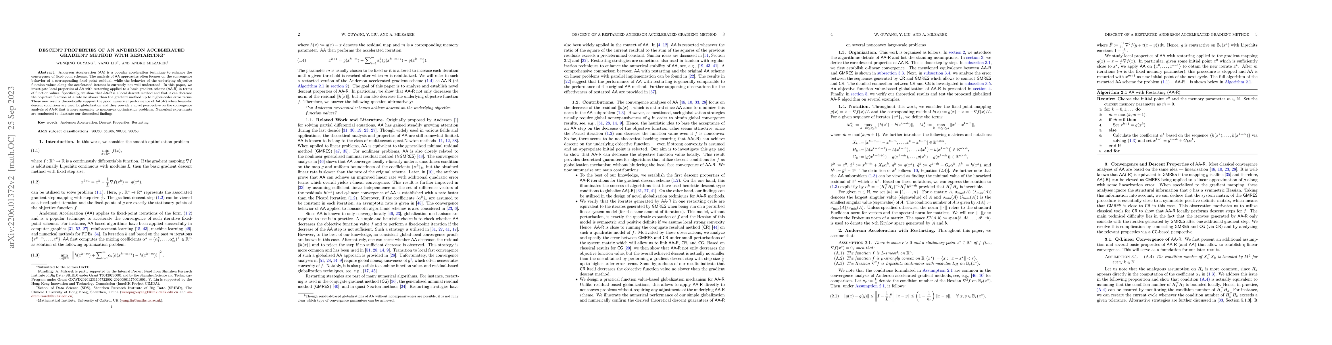 Thumbnail for Descent Properties of an Anderson Accelerated Gradient Method With
  Restarting